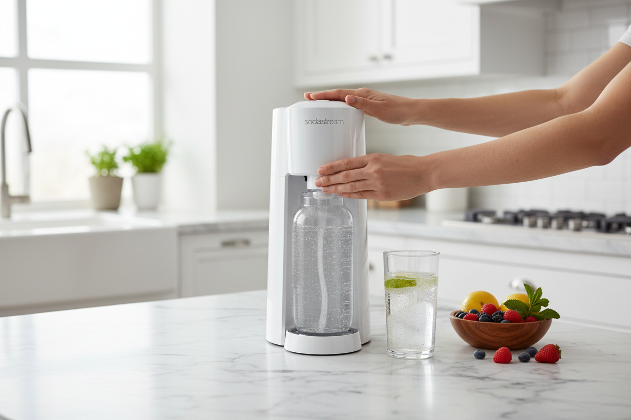 SodaStream Fizzi sparkling water maker in use in modern kitchen with natural lighting